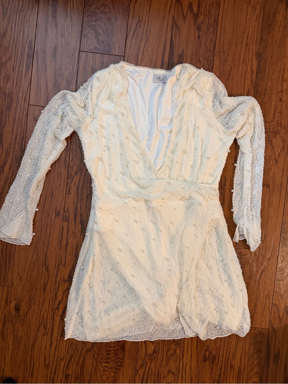 Oh Polly White Beaded V-Neck Dress long sleeve